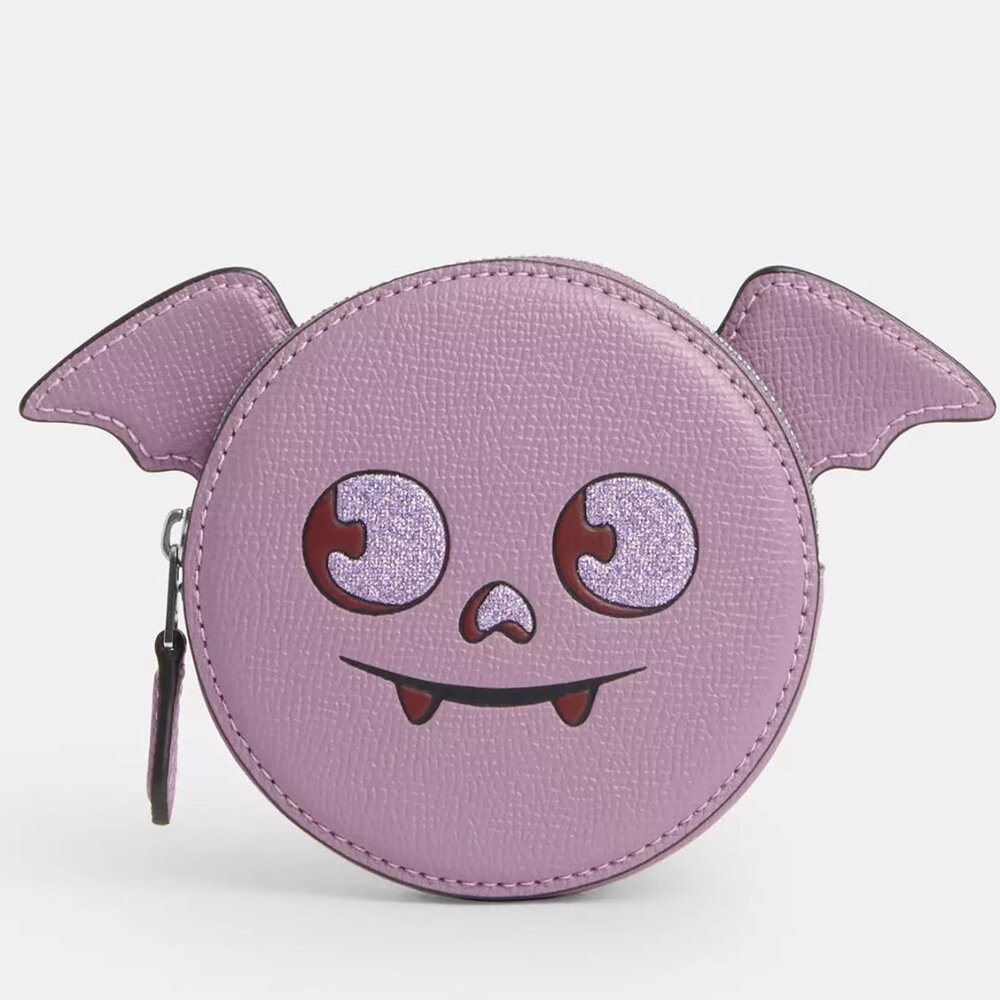 Coach Halloween Bat Coin Card Case Lilac Crossgrain Leather